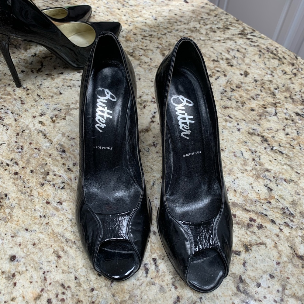 Butter Shoes Italy Patent Leather Peep Toe Stiletto Heels